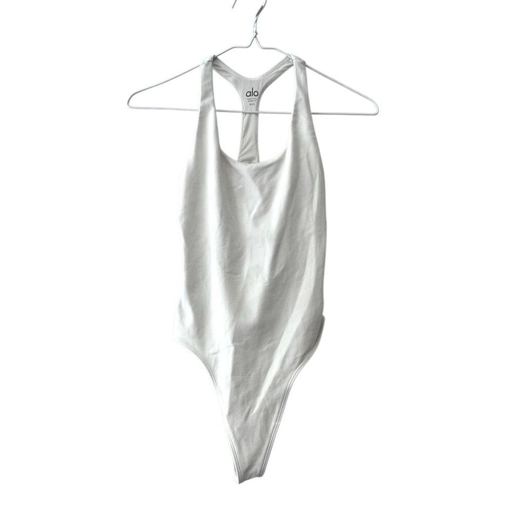 Alo Yoga Racerback Scoop Neck Fitted Sleek Back Stretch Bodysuit White XXS